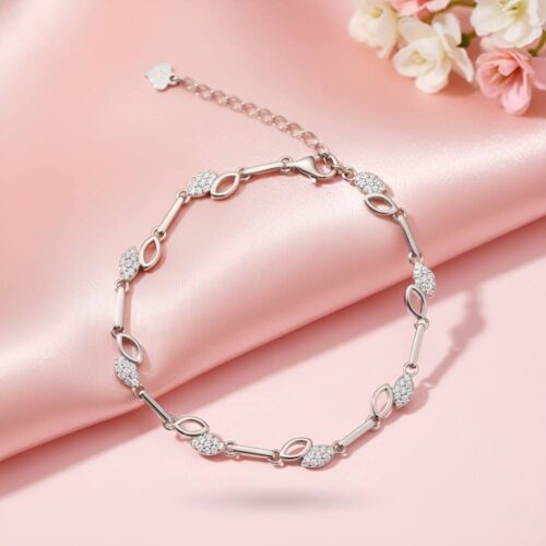 Sterling Silver Bracelet for Women | Leaf Link CZ Minimal Design in pink surface