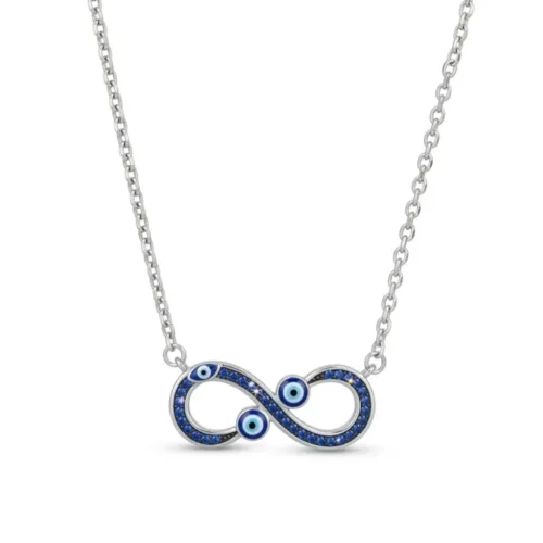 Close-up view of the evil eye infinity necklace 925 sterling silver featuring sparkling blue crystals