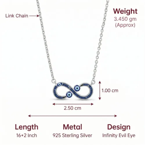 Exact size, weight, and chain length dimensions of the evil eye infinity pendant women sterling silver