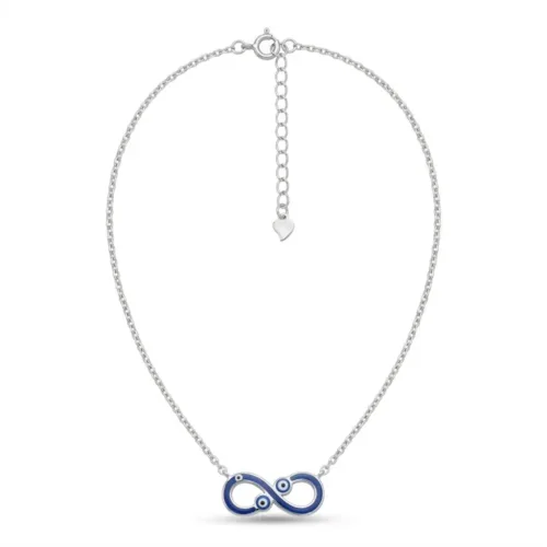 Full top view showing the secure clasp and adjustable chain of the blue evil eye 925 silver protection necklace