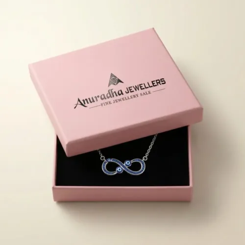Premium pink Anuradha Jewellers box presenting the beautiful evil eye necklace gift for her silver
