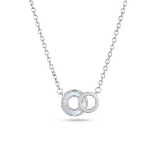 Close-up front view of the interlocking circle necklace silver featuring a mother of pearl inlay