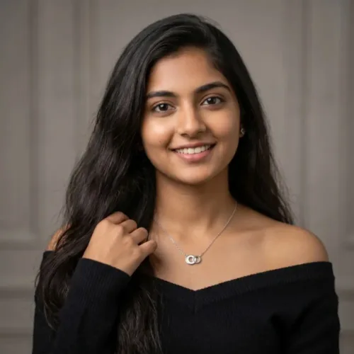 Elegant smiling woman wearing the delicate double circle necklace for women paired with a black top