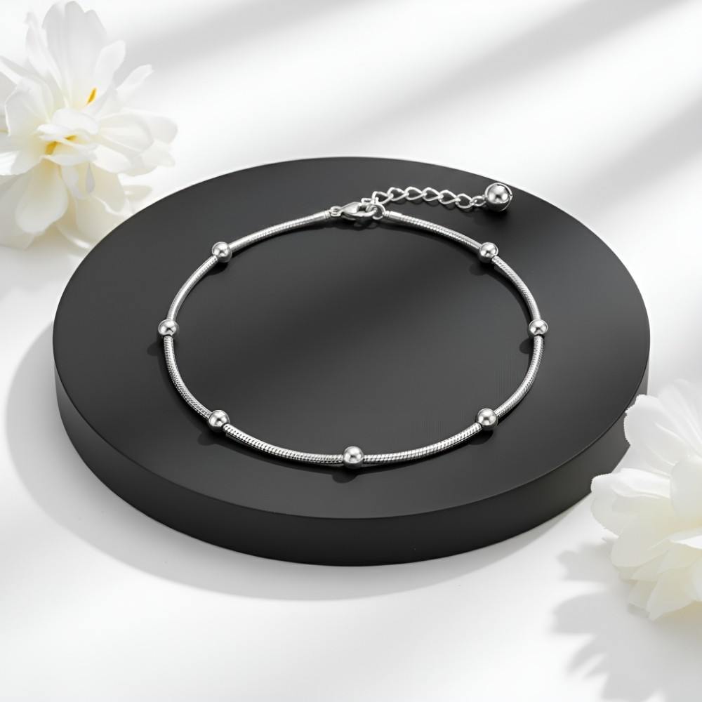 ANKT022 925 Silver Bead Anklet in black surface