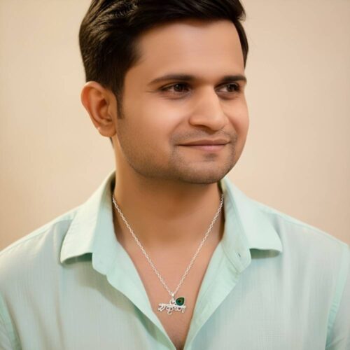 Silver Krishna Name Pendant Necklace with Peacock Feather men neck