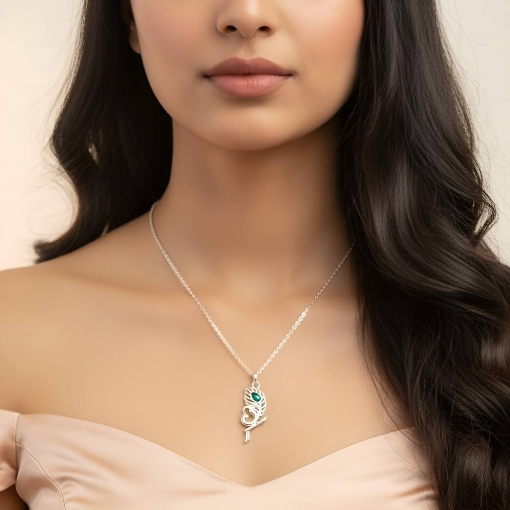 HEAV0067 Silver Krishna Peacock Feather Pendant Necklace with Flute & Om Symbol wear in model neck