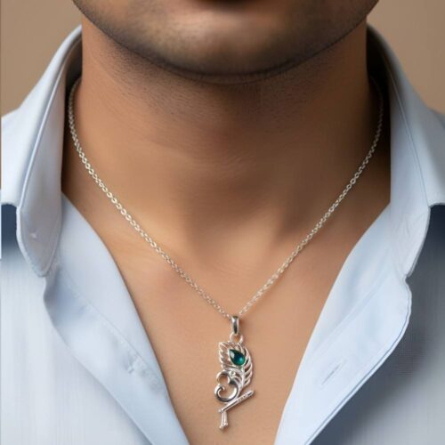 Silver Krishna Peacock Feather Pendant Necklace with Flute & Om Symbol in men neck
