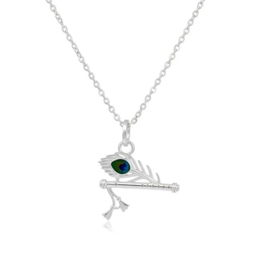Silver Krishna Flute & Peacock Leaf Pendant Necklace