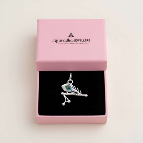 Silver Krishna Peacock Pendant with flute and peacock leaf