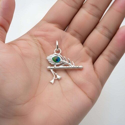 Silver Krishna Peacock Pendant with flute and peacock leaf in hand