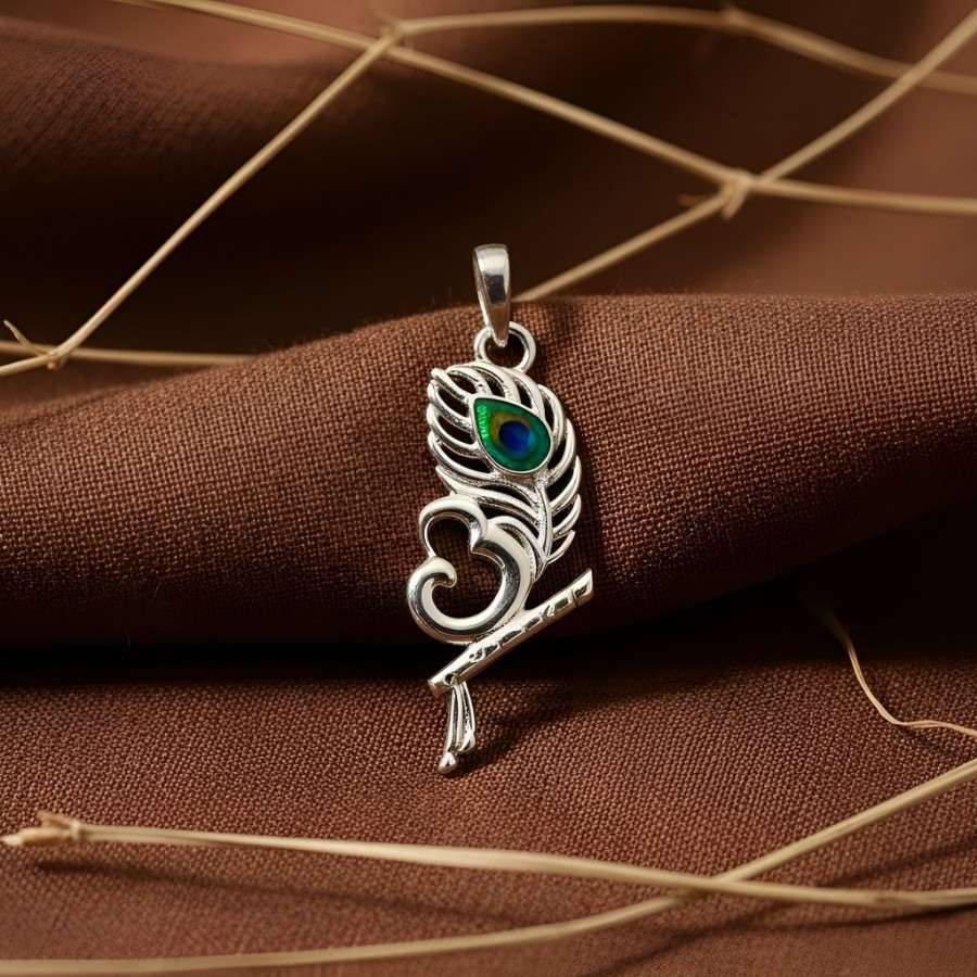 HEAV0088 Silver Krishna Om Pendant with Peacock Feather