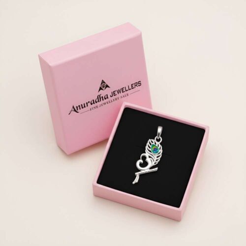 Silver Krishna Om Pendant with Peacock Feather in pink box