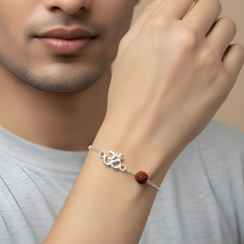 925 Silver Om Rudraksha Bracelet in men hand