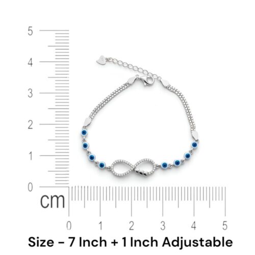 Silver Infinity Bracelet with Blue Evil Eye Charms size details