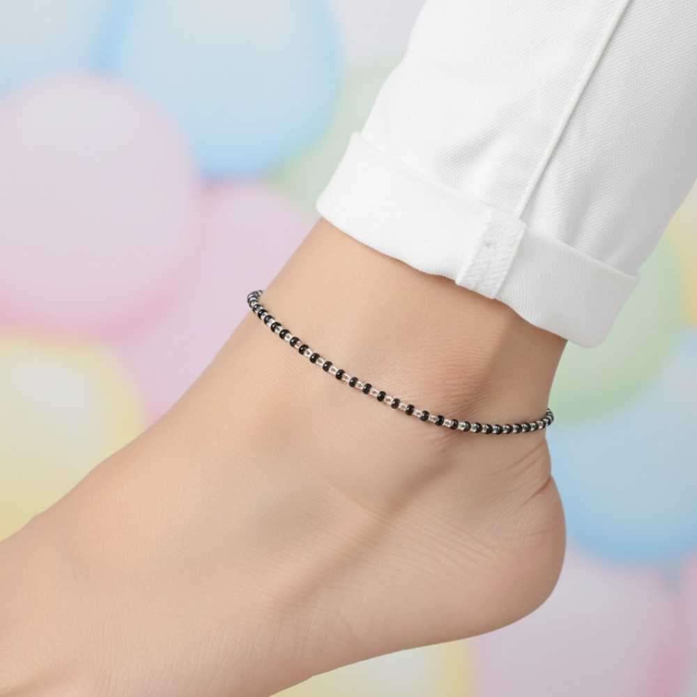 ANKT031 Silver Black Beads Anklet