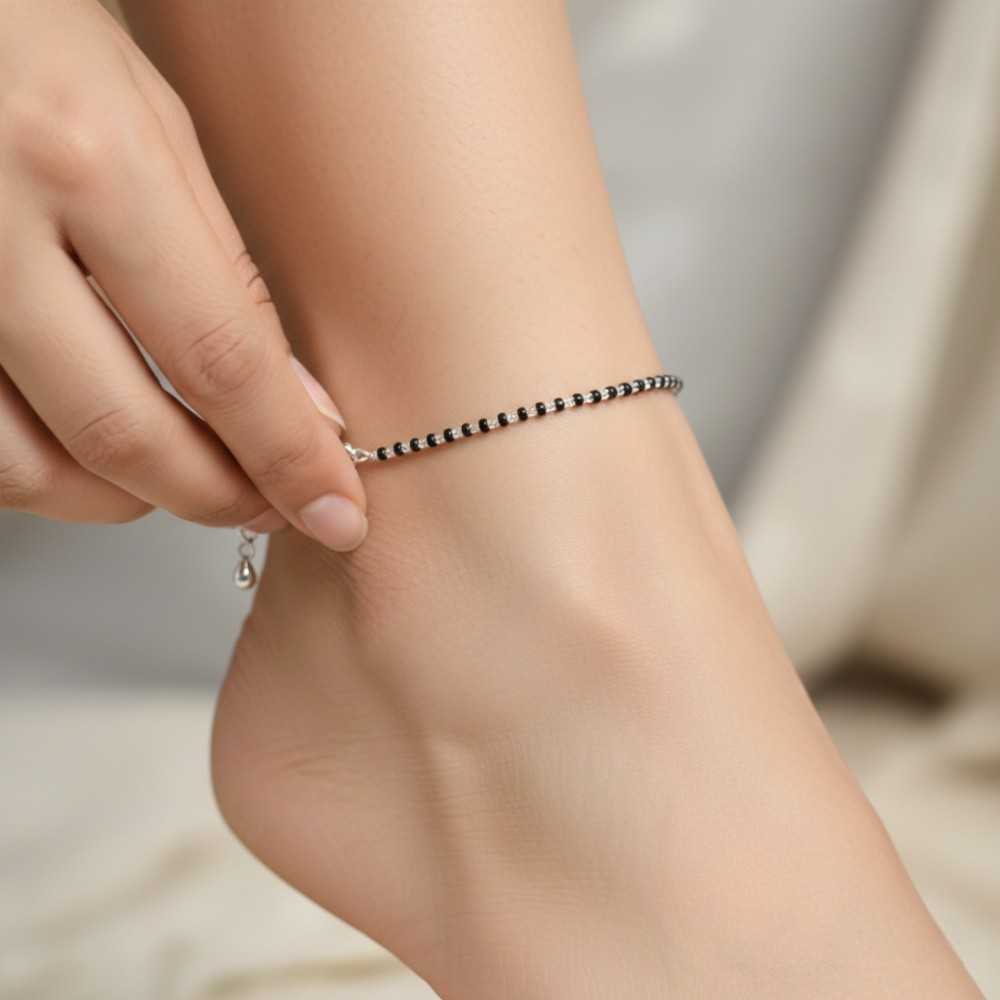 ANKT033 925 Silver Black Beads Anklet Adjust women her leg