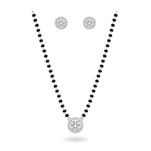 Round silver mangalsutra with solitaire halo pendant and handmade bead chain