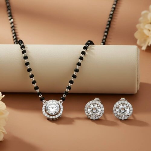 Round silver mangalsutra with solitaire halo pendant and matching earrings