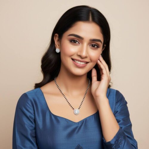 Round silver mangalsutra worn by model showing elegant neck fit