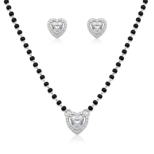 Silver heart shape mangalsutra set with solitaire pendant and matching earrings