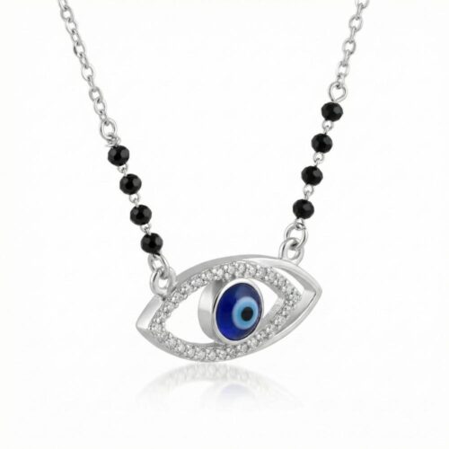 Evil eye silver mangalsutra with sparkling CZ border and protective blue eye
