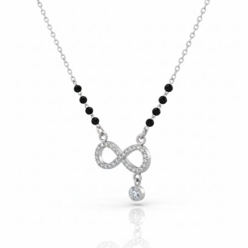 Closeup of diamond studded infinity mangalsutra pendant with solitaire drop stone