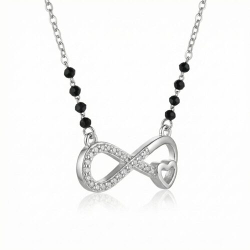 close up of infinity heart pendant in 925 silver mangalsutra