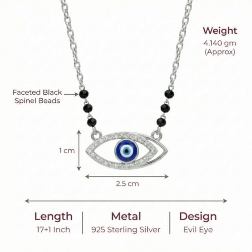 925 Silver Evil Eye Mangalsutra with faceted black beads and size details