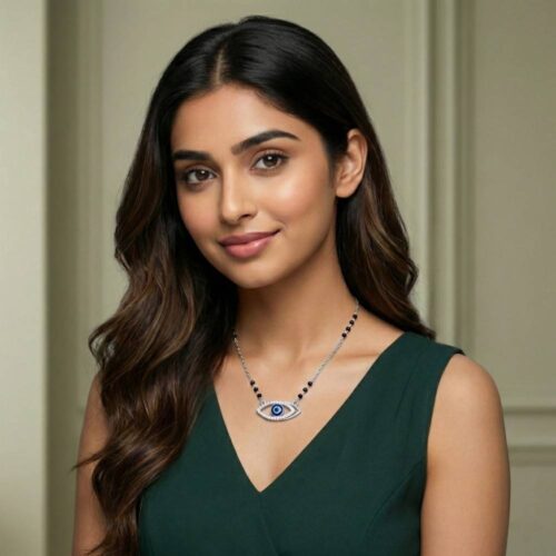 Silver Evil Eye Mangalsutra worn by model for modern daily wear styling