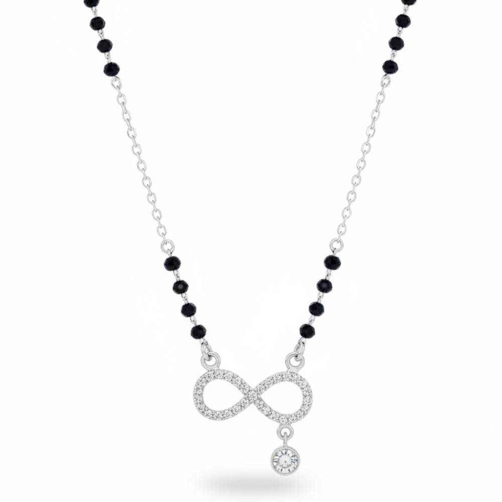 925-silver-infinity-drop-mangalsutra-front Silver Infinity Drop Mangalsutra with black beads on white background