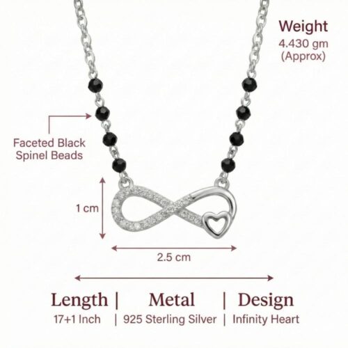 925 silver infinity heart mangalsutra necklace size and black bead details