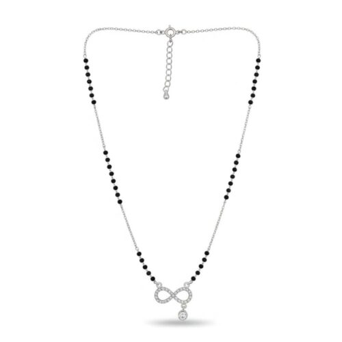 Full length view of silver mangalsutra chain with black beads and infinity pendant