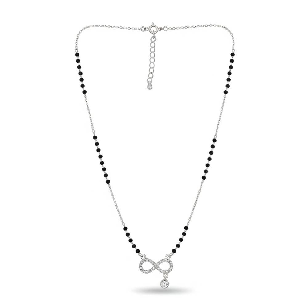 925-silver-infinity-mangalsutra-full-chain Full length view of silver mangalsutra chain with black beads and infinity pendant