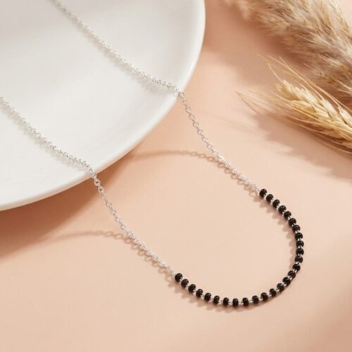 Silver Minimal Beads Mangalsutra Chain in 925 sterling silver with black beads design