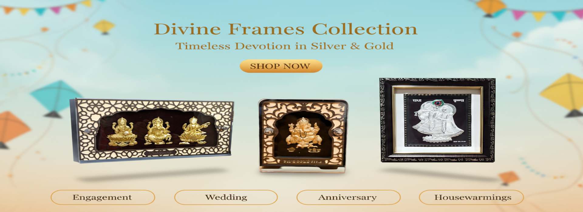 Divine frames collection featuring silver and gold devotional frames for wedding, anniversary and housewarming gifts