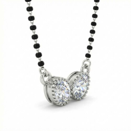 Close up view of double tear drop CZ silver mangalsutra design