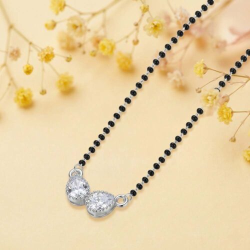 Double tear drop silver mangalsutra with elegant handmade black bead chain