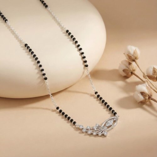 Elegant Silver Leaf Curve Mangalsutra in 925 sterling silver with black beads chain