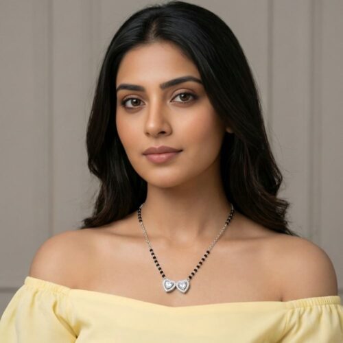 Silver Twin Heart Mangalsutra worn by model – elegant designer silver mangalsutra