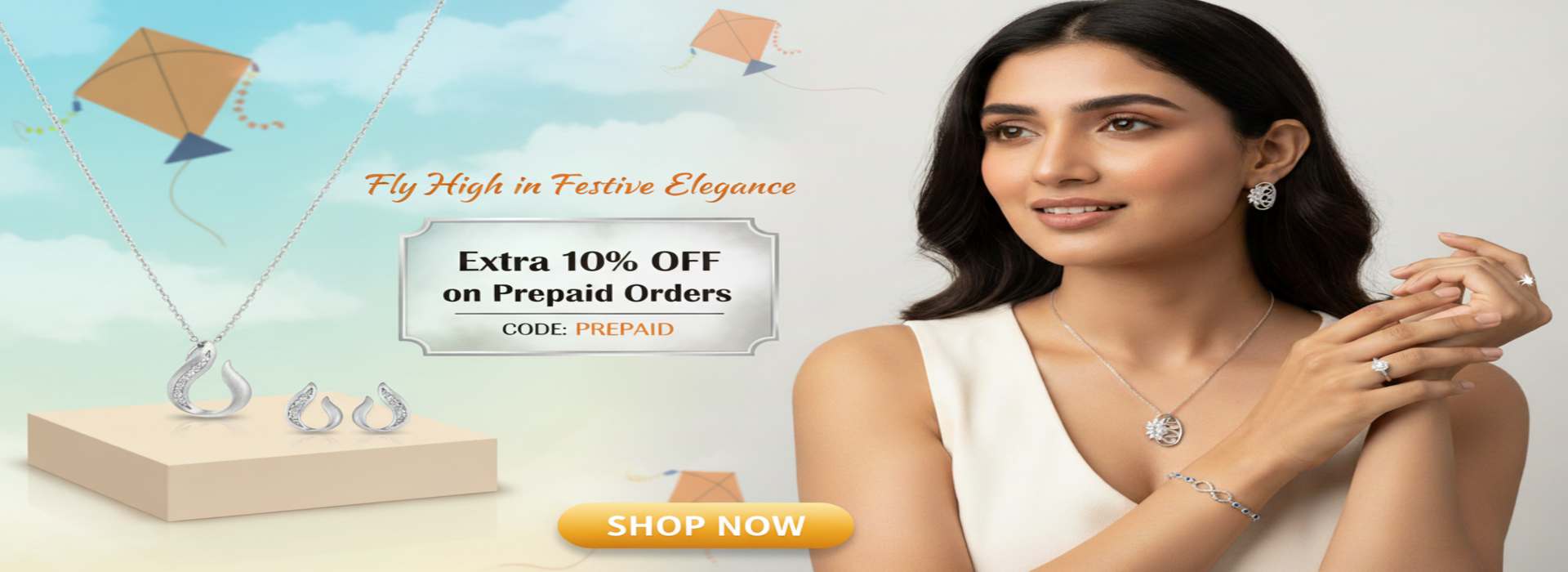 Festive silver jewellery collection with extra 10% off on prepaid orders, elegant silver necklace and earrings set