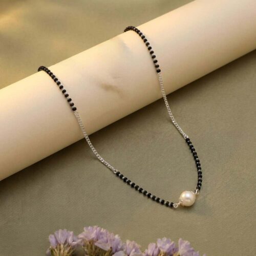 Silver pearl mangalsutra with handmade black beads chain in 925 sterling silver flat lay view