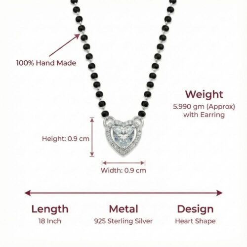 Handmade silver heart shape mangalsutra with black bead chain and size details