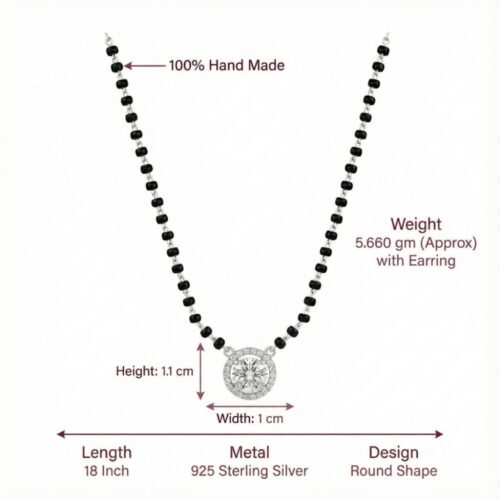 Handmade round silver mangalsutra with black bead chain and size details