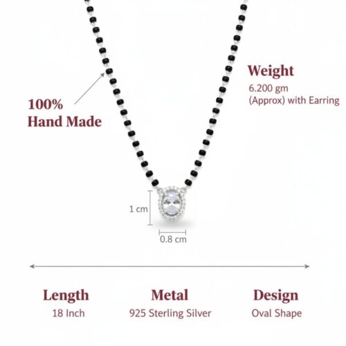 Handmade silver oval mangalsutra with black bead chain and size details