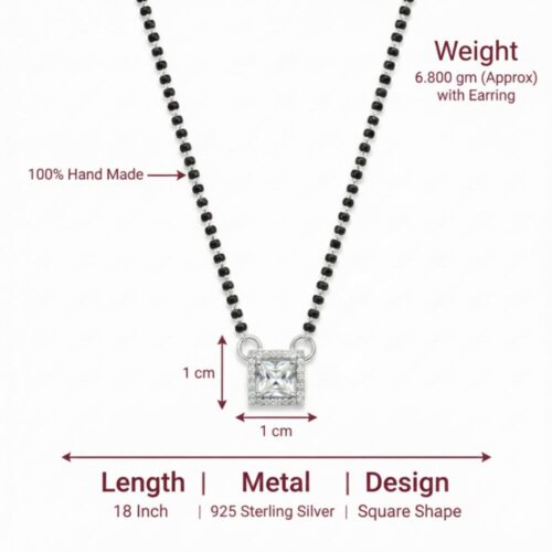 Handmade silver solitaire square mangalsutra with black bead chain and size details