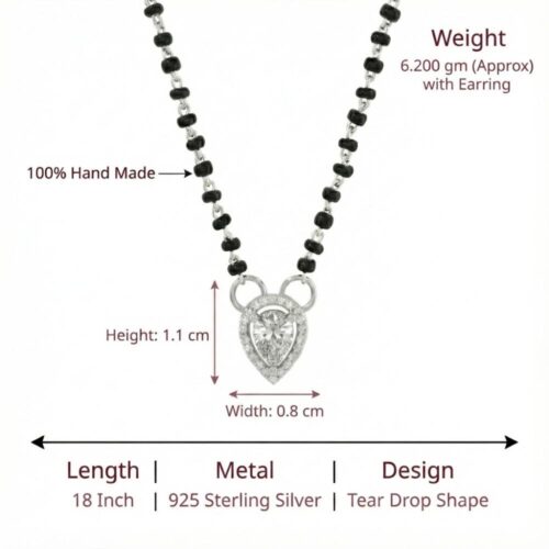 Handmade silver tear drop mangalsutra with black bead chain and size details