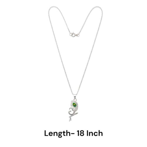 Silver Krishna peacock feather pendant necklace with 18 inch chain length