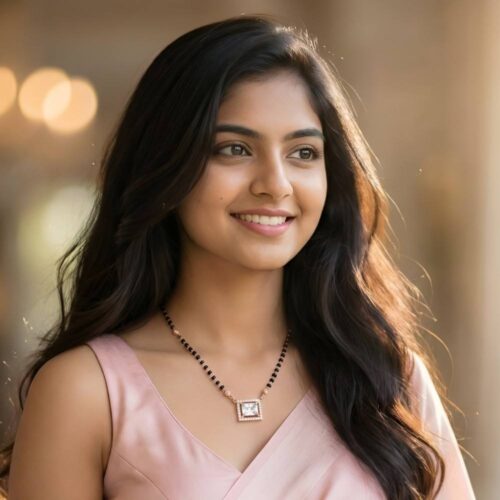 Woman wearing rose gold square silver mangalsutra necklace