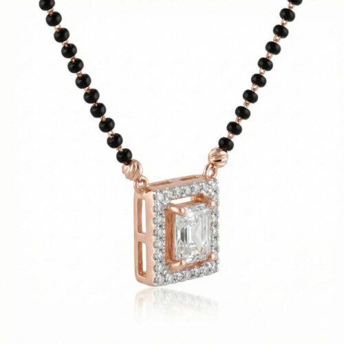 Close up view of Rose Gold Mangalsutra for Women pendant with black beads chain