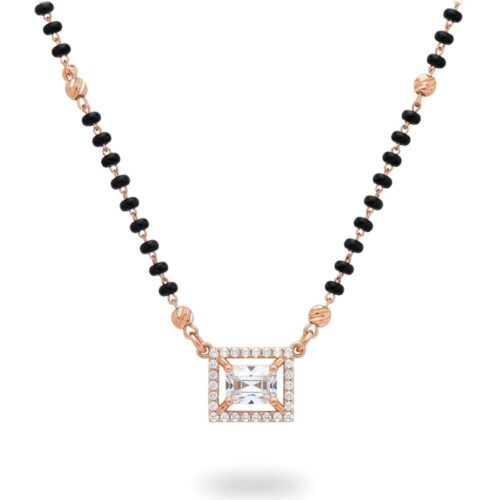 Rose gold square halo CZ silver mangalsutra necklace with handmade black beads front view